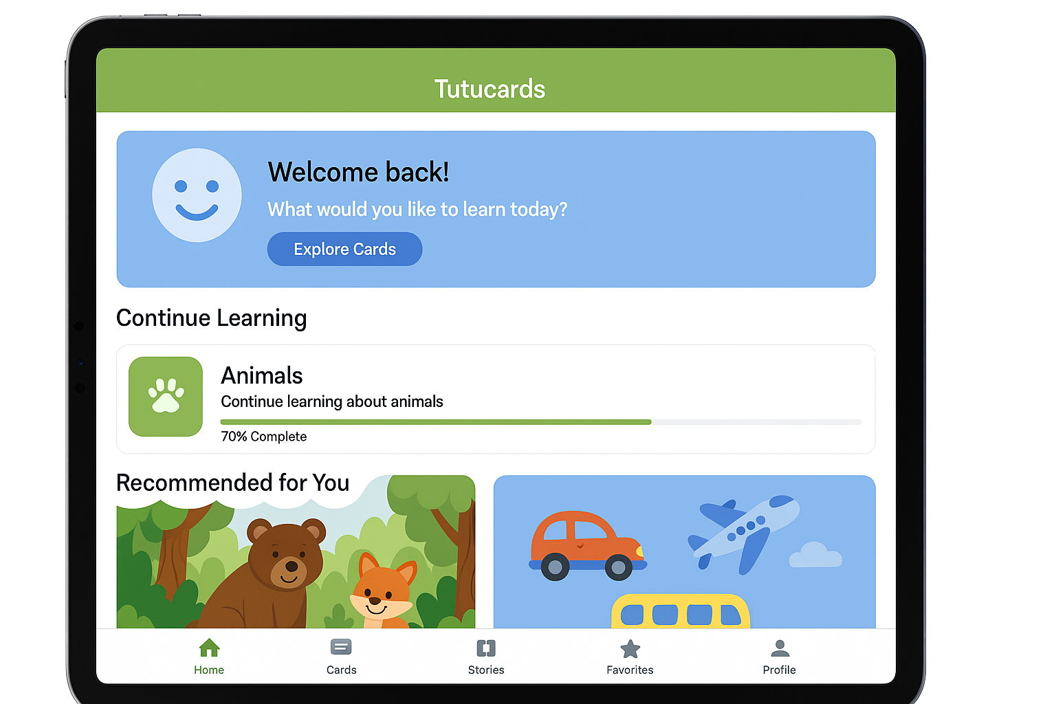 Tutucards application interface showing a learning app for kids with animal cards and educational content